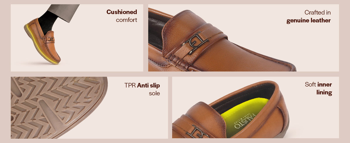 Men Tan Genuine Leather Moc Toe Metallic Buckle Strap Driving Loafers|Soft Leather Lining Shoes for Long Day Comfort|Perfect for Office Formal, Events, Travel