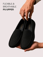 Men Black Perforated Breathable Stitched Moc Toe Loafer and Moccasins|Cushioned Insole Driving Casual Shoe with Flexible Comfort Sole|Slip On Shoes for Evening Parties & Dinners