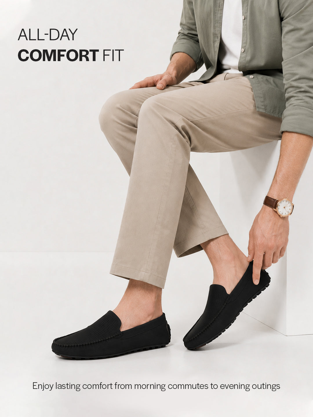 Men Black Perforated Breathable Stitched Moc Toe Loafer and Moccasins|Cushioned Insole Driving Casual Shoe with Flexible Comfort Sole|Slip On Shoes for Evening Parties & Dinners