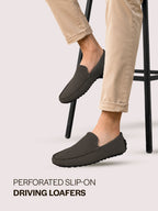 Men Grey Perforated Breathable Stitched Moc Toe Loafer and Moccasins|Cushioned Insole Driving Casual Shoe with Flexible Comfort Sole|Slip On Shoes for Evening Parties & Dinners