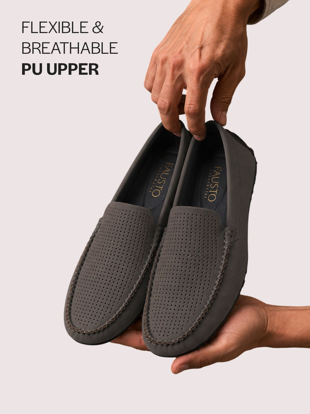 Men Grey Perforated Breathable Stitched Moc Toe Loafer and Moccasins|Cushioned Insole Driving Casual Shoe with Flexible Comfort Sole|Slip On Shoes for Evening Parties & Dinners