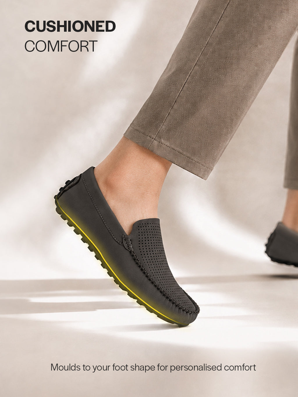 Men Grey Perforated Breathable Stitched Moc Toe Loafer and Moccasins|Cushioned Insole Driving Casual Shoe with Flexible Comfort Sole|Slip On Shoes for Evening Parties & Dinners