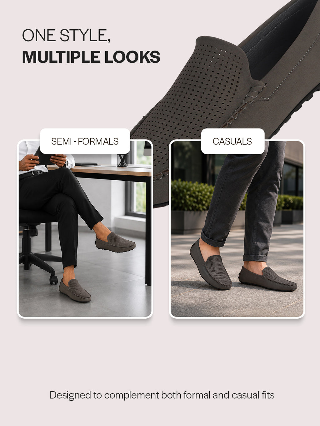 Men Grey Perforated Breathable Stitched Moc Toe Loafer and Moccasins|Cushioned Insole Driving Casual Shoe with Flexible Comfort Sole|Slip On Shoes for Evening Parties & Dinners