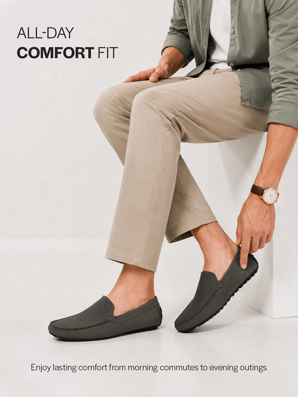 Men Grey Perforated Breathable Stitched Moc Toe Loafer and Moccasins|Cushioned Insole Driving Casual Shoe with Flexible Comfort Sole|Slip On Shoes for Evening Parties & Dinners
