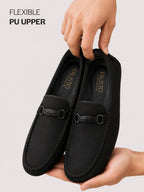 Men Black Elegant Moc Toe Casual Horsebit Buckle Driving Loafers|Cushioned Comfort Moccasin Shoe with Traction Sole Grip|Slip On Shoes for Semi-Formal Outfits