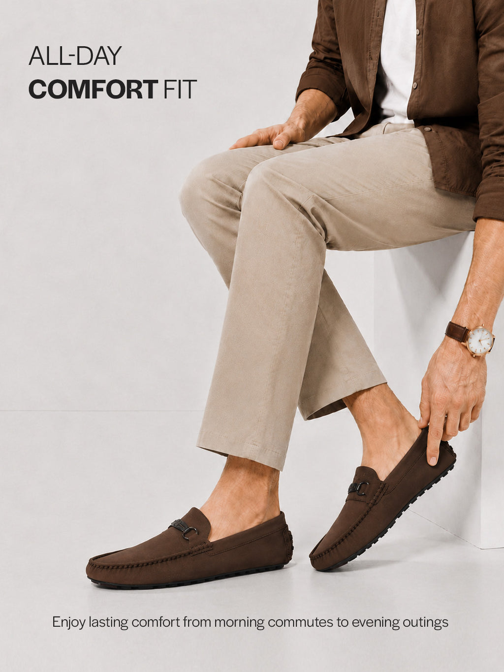 Men Brown Elegant Moc Toe Casual Horsebit Buckle Driving Loafers|Cushioned Comfort Moccasin Shoe with Traction Sole Grip|Slip On Shoes for Semi-Formal Outfits