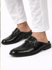 Men Black Embossed Leopard Print Design with Horsebit Buckle Ethnic Party Back Open Slip On Mules Shoes