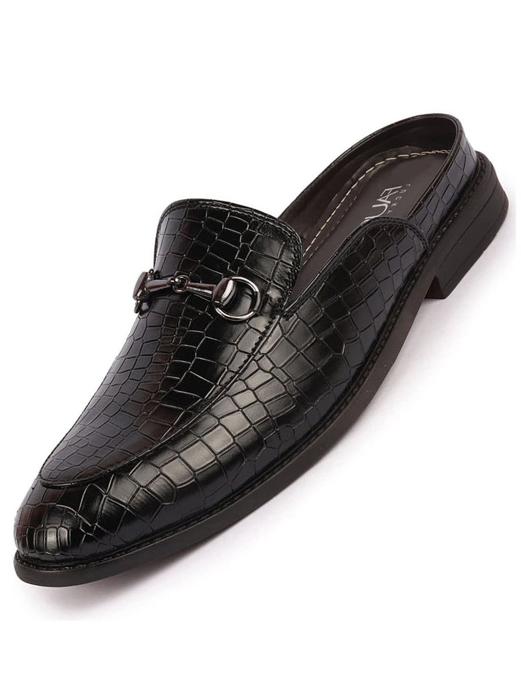 men black embossed leopard print design with horsebit buckle ethnic party back open slip on mules shoes
