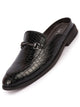 Men Black Embossed Leopard Print Design with Horsebit Buckle Ethnic Party Back Open Slip On Mules Shoes