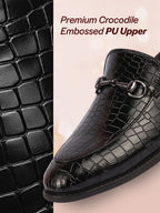 Men Black Embossed Leopard Print Design with Horsebit Buckle Ethnic Party Back Open Slip On Mules Shoes