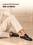 Men Black Embossed Leopard Print Design with Horsebit Buckle Ethnic Party Back Open Slip On Mules Shoes