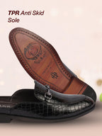Men Black Embossed Leopard Print Design with Horsebit Buckle Ethnic Party Back Open Slip On Mules Shoes