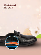 Men Black Embossed Leopard Print Design with Horsebit Buckle Ethnic Party Back Open Slip On Mules Shoes