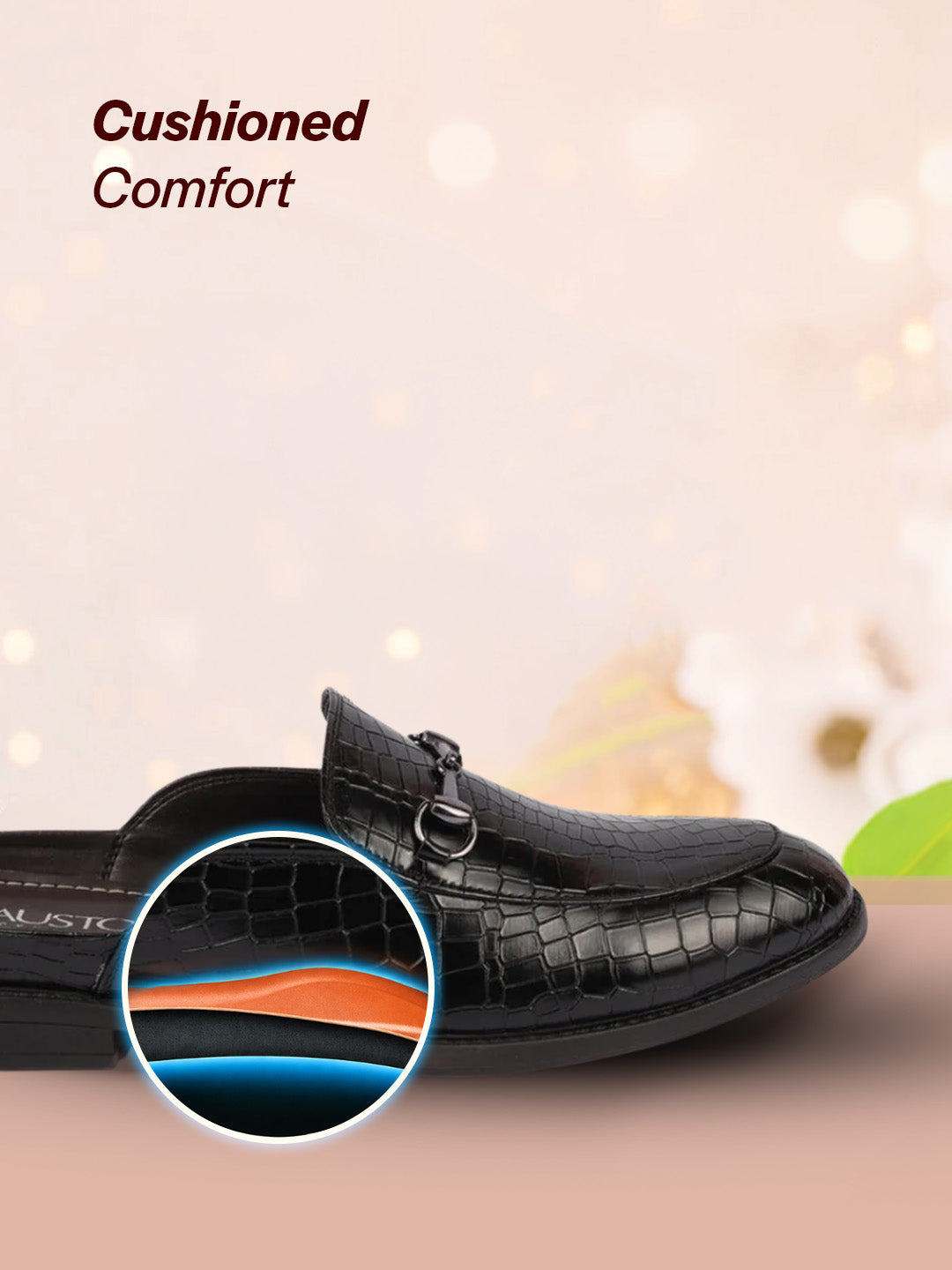 Men Black Embossed Leopard Print Design with Horsebit Buckle Ethnic Party Back Open Slip On Mules Shoes