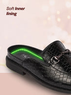 Men Black Embossed Leopard Print Design with Horsebit Buckle Ethnic Party Back Open Slip On Mules Shoes