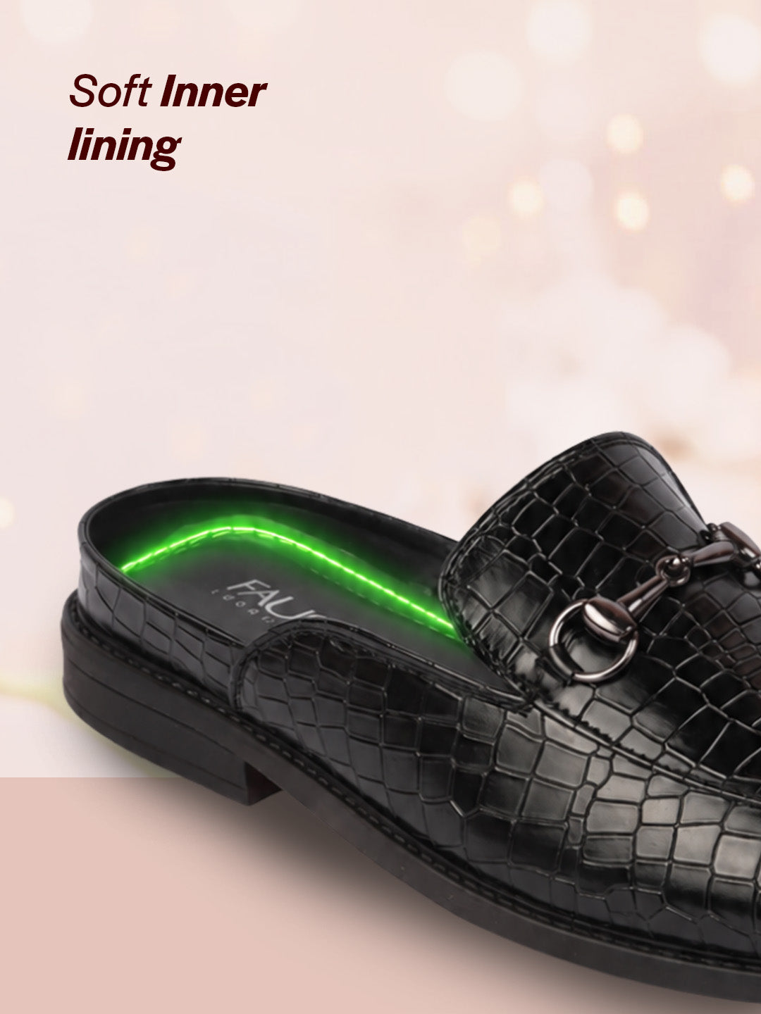 Men Black Embossed Leopard Print Design with Horsebit Buckle Ethnic Party Back Open Slip On Mules Shoes