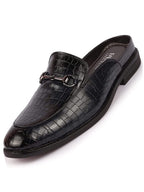 Shop Men Blue Embossed Leopard Print Design with Horsebit Buckle Ethnic Party Back Open Slip On Mules Shoes Online.
