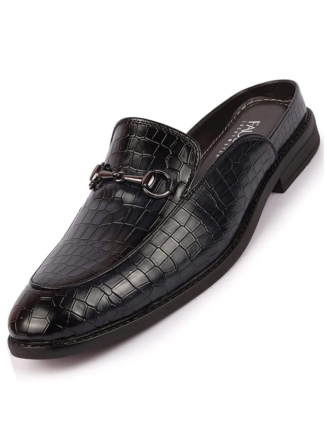 Shop Men Blue Embossed Leopard Print Design with Horsebit Buckle Ethnic Party Back Open Slip On Mules Shoes Online.
