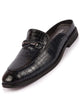 Men Blue Embossed Leopard Print Design with Horsebit Buckle Ethnic Party Back Open Slip On Mules Shoes