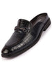 Men Blue Embossed Leopard Print Design with Horsebit Buckle Ethnic Party Back Open Slip On Mules Shoes
