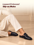 Men Blue Embossed Leopard Print Design with Horsebit Buckle Ethnic Party Back Open Slip On Mules Shoes