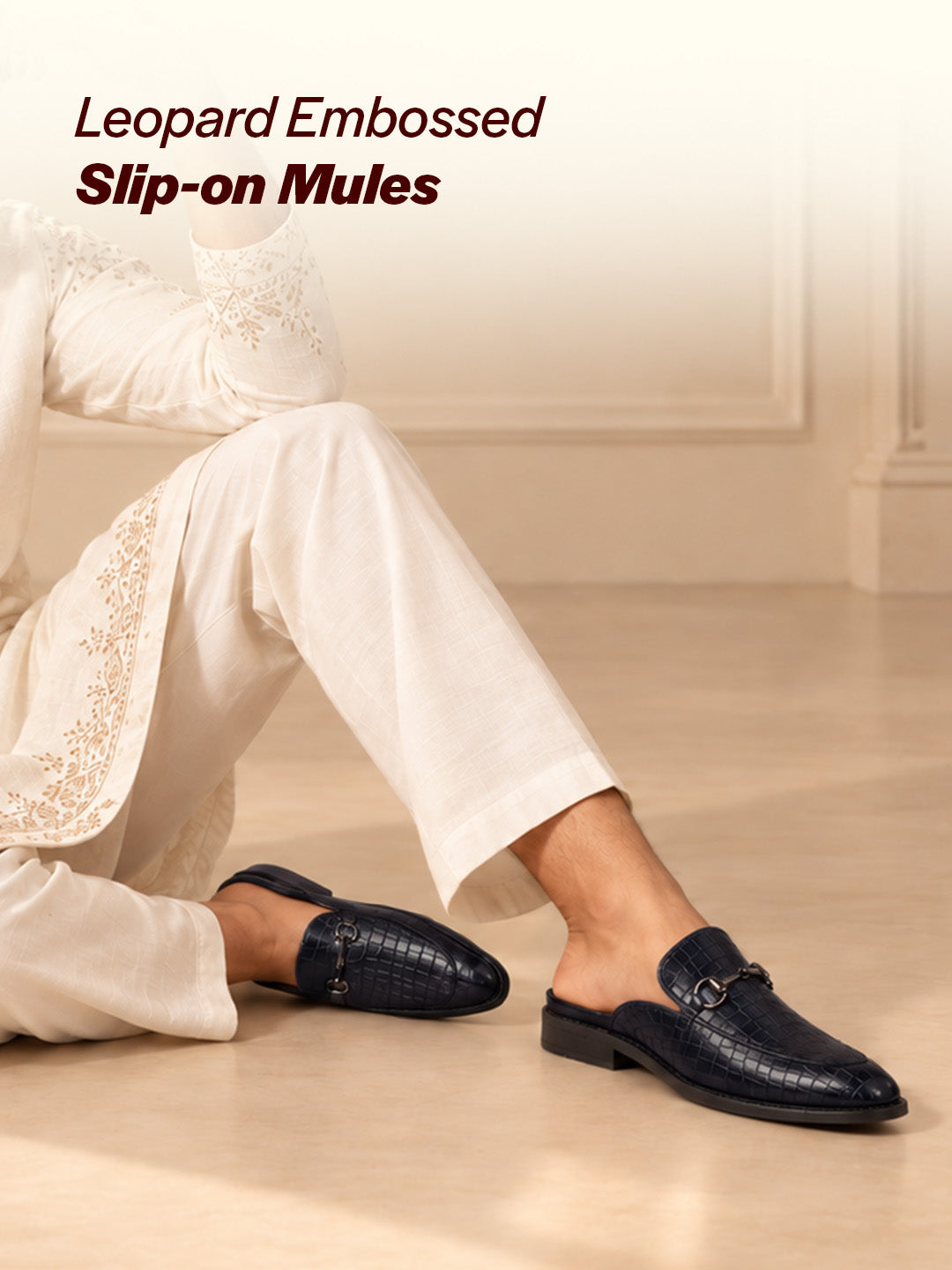 Men Blue Embossed Leopard Print Design with Horsebit Buckle Ethnic Party Back Open Slip On Mules Shoes
