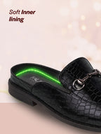 Men Blue Embossed Leopard Print Design with Horsebit Buckle Ethnic Party Back Open Slip On Mules Shoes