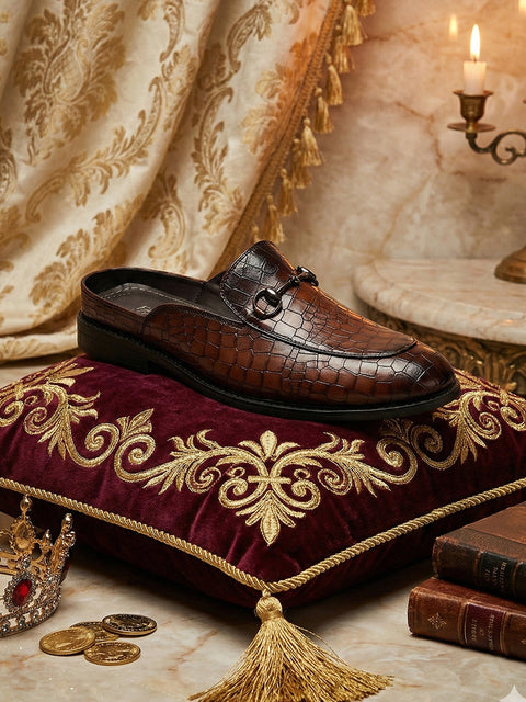 men brown embossed leopard print design with horsebit buckle ethnic party back open slip on mules shoes