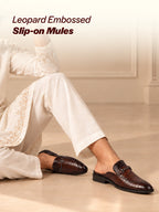 Men Brown Embossed Leopard Print Design with Horsebit Buckle Ethnic Party Back Open Slip On Mules Shoes
