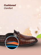 Men Brown Embossed Leopard Print Design with Horsebit Buckle Ethnic Party Back Open Slip On Mules Shoes