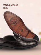 Men Coffee Embossed Leopard Print Design with Horsebit Buckle Ethnic Party Back Open Slip On Mules Shoes