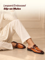 Men Tan Embossed Leopard Print Design with Horsebit Buckle Ethnic Party Back Open Slip On Mules Shoes