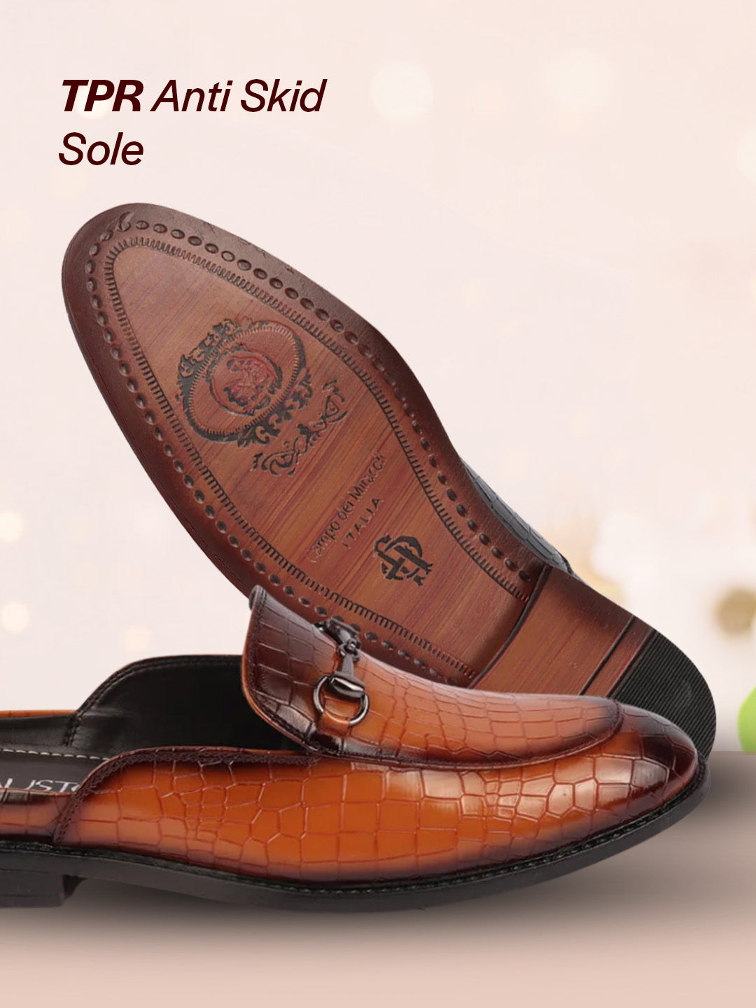 Men Tan Embossed Leopard Print Design with Horsebit Buckle Ethnic Party Back Open Slip On Mules Shoes