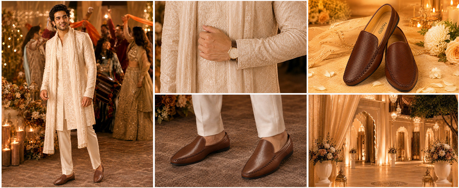 Men Brown Stitched Block Design Pattern Ethnic Back Open Slip On Loafer Shoes