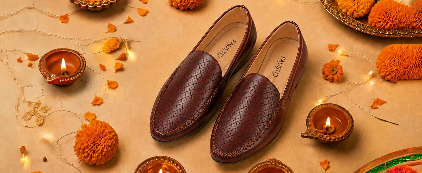 Men Brown Stitched Block Design Pattern Ethnic Back Open Slip On Loafer Shoes