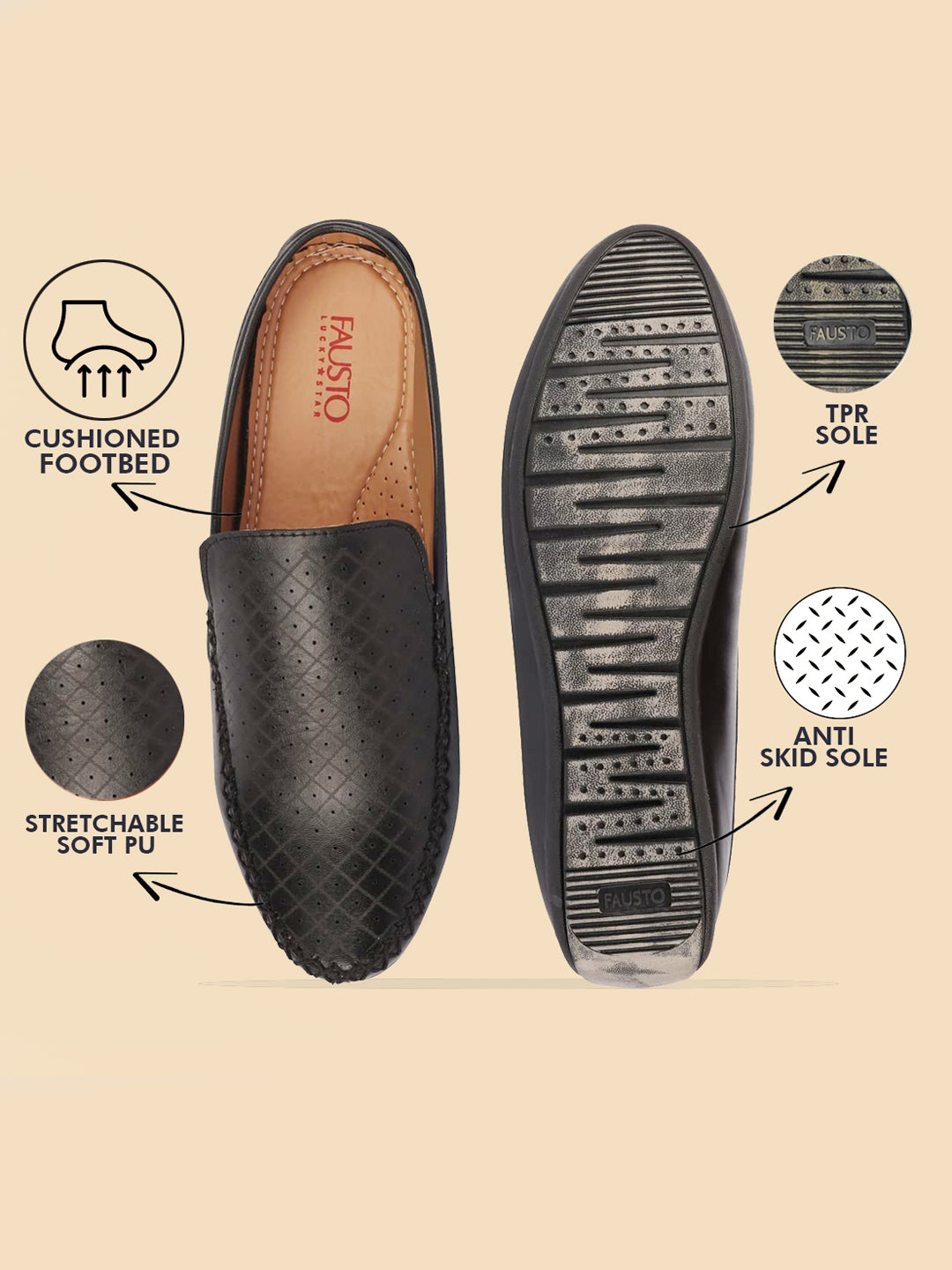 Shop Men Black Stitched Block Design Pattern Back Open Slip On Loafer Shoes Online.