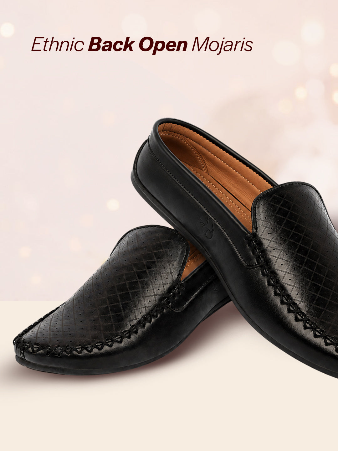Shop Men Black Stitched Block Design Pattern Back Open Slip On Loafer Shoes Online.
