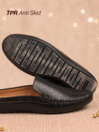 Shop Men Black Stitched Block Design Pattern Back Open Slip On Loafer Shoes Online.
