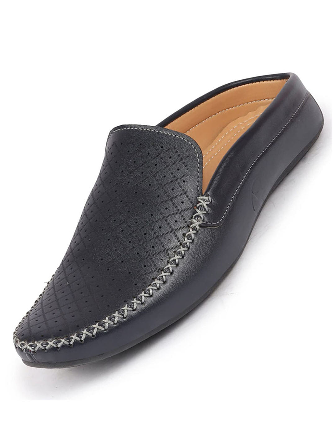 Men Blue Stitched Block Design Pattern Back Open Slip On Loafer Shoes