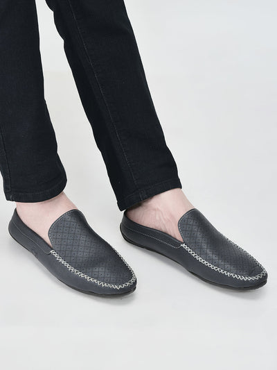 Men Blue Stitched Block Design Pattern Back Open Slip On Loafer Shoes