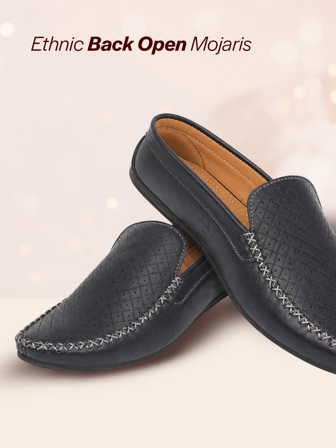 Men Blue Stitched Block Design Pattern Back Open Slip On Loafer Shoes