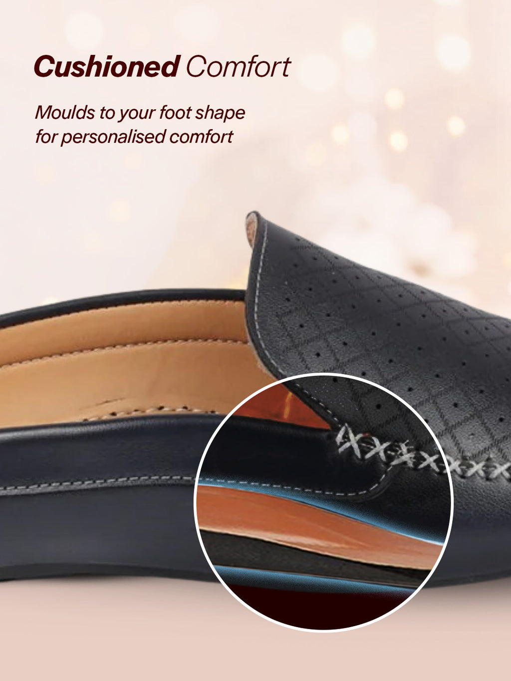 Men Blue Stitched Block Design Pattern Back Open Slip On Loafer Shoes