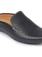 Men Blue Stitched Block Design Pattern Back Open Slip On Loafer Shoes