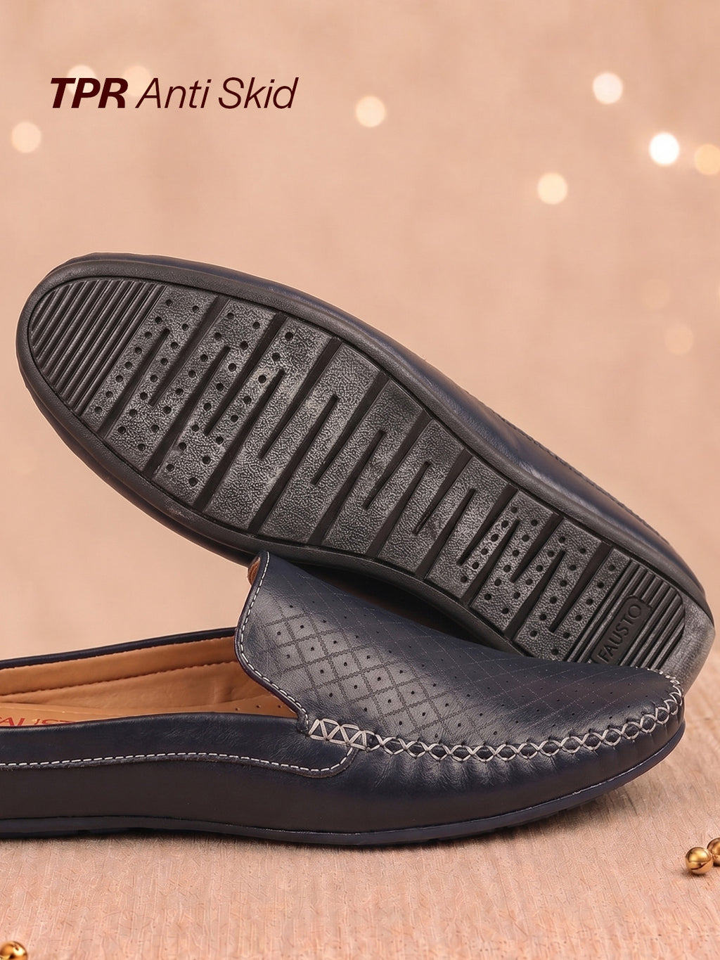 Men Blue Stitched Block Design Pattern Back Open Slip On Loafer Shoes