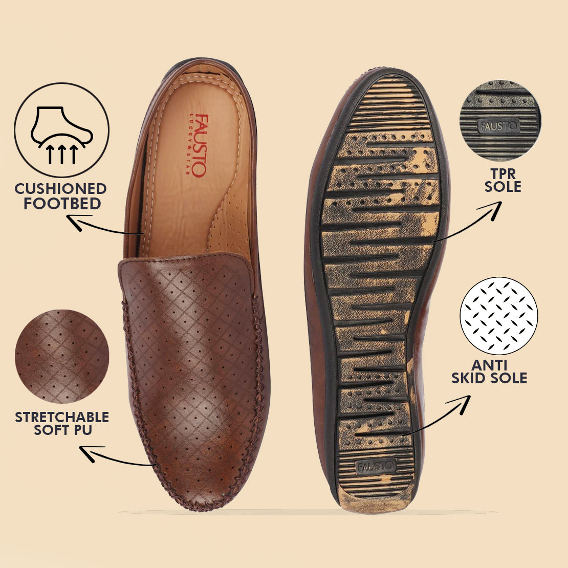 Shop Men Brown Stitched Block Design Pattern Back Open Slip On Loafer Shoes Online.