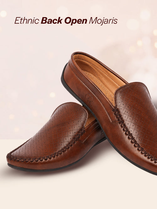 Shop Men Brown Stitched Block Design Pattern Back Open Slip On Loafer Shoes Online.