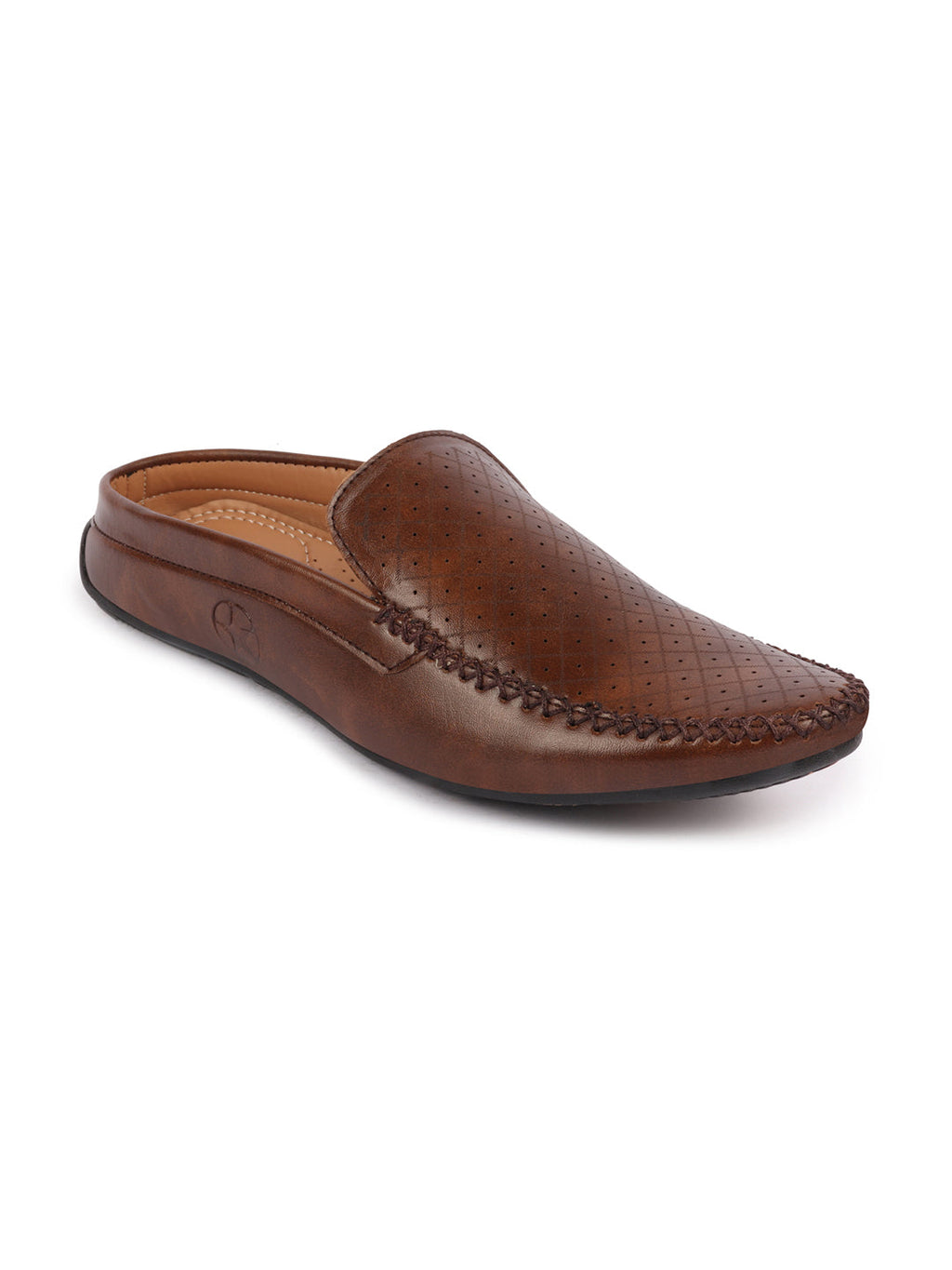 Men Brown Stitched Block Design Pattern Back Open Slip On Loafer Shoes