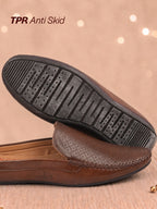 Shop Men Brown Stitched Block Design Pattern Back Open Slip On Loafer Shoes Online.