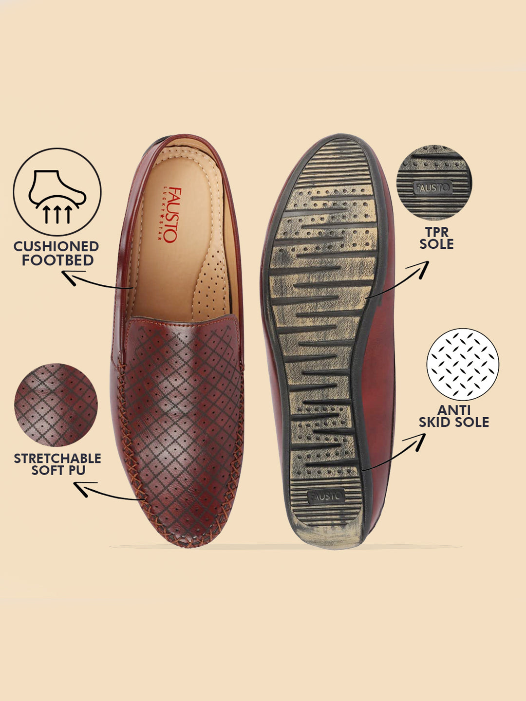 Shop Men Maroon Stitched Block Design Pattern Back Open Slip On Loafer Shoes Online.