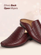Shop Men Maroon Stitched Block Design Pattern Back Open Slip On Loafer Shoes Online.